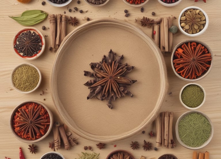 A collection of various spices displayed in small bowls on a textured cloth background. The spices range in colors and textures, including crushed seeds, dried herbs, and finely ground powders. The arrangement creates a natural and rustic culinary setting.