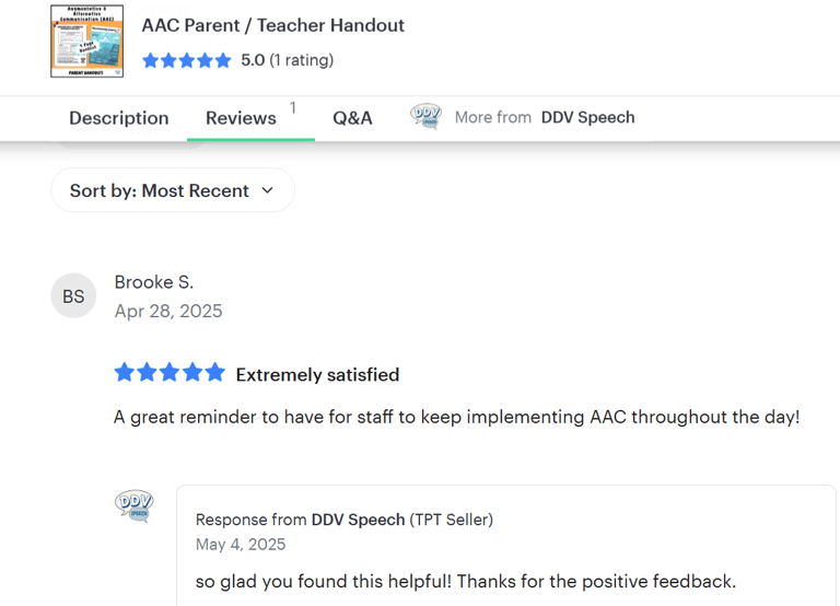 5 star review for AAC handout for speech therapy