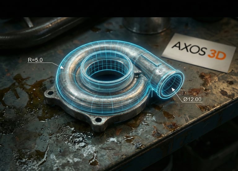 A close up of a complex metal pipe with laser lines superimposed over it