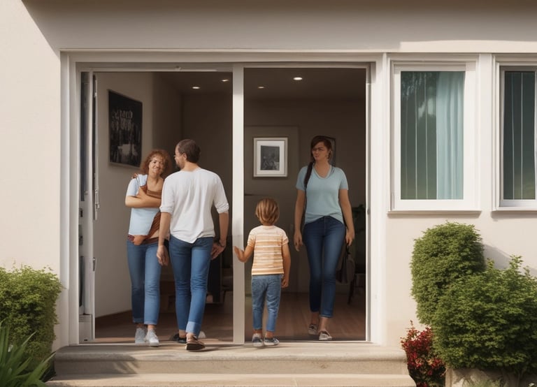 A caring insurance agent discussing options with a family in a cozy office.