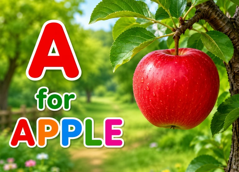 Educational graphic showing a red apple on a tree branch with the text A for Apple.