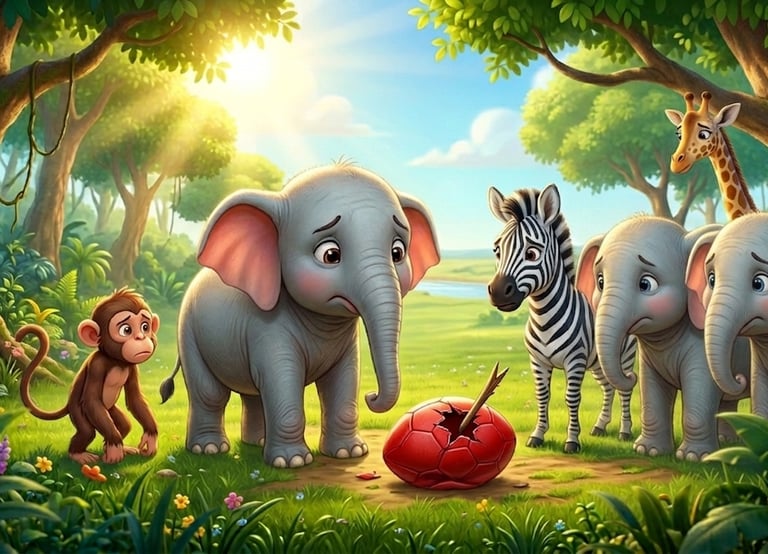 Cute cartoon animals like elephants, a zebra, and a monkey look sadly at a cracked red egg in a sunny jungle.
