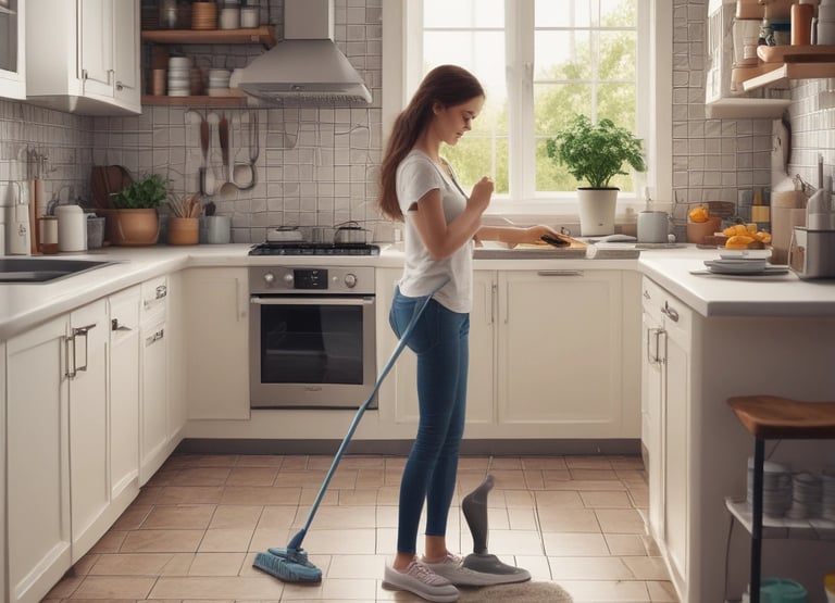 A sunlit patio with terracotta tiles is adorned with cleaning equipment, including a wet and dry vacuum, containers of cleaning solutions, and a pressure washer. A portion of a white car is visible near a hedge-lined driveway, while lush green vegetation and a manicured lawn provide a backdrop.