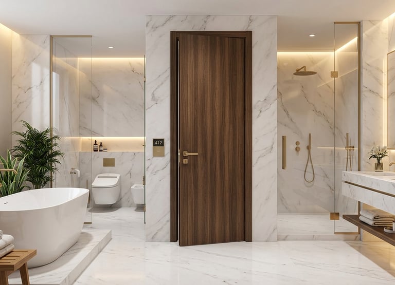 Luxury modern bathroom with white marble walls, a freestanding bathtub, gold fixtures, and a dark wood door.