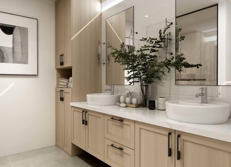 Bathroom remodel with a double vanity and vessel sinks.