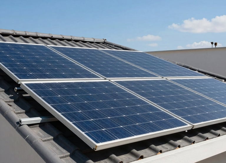 Clean, high-quality solar panels installed on a modern residential roof under a bright blue Brazilian sky, crystal clear photography, technological and sustainable feel.