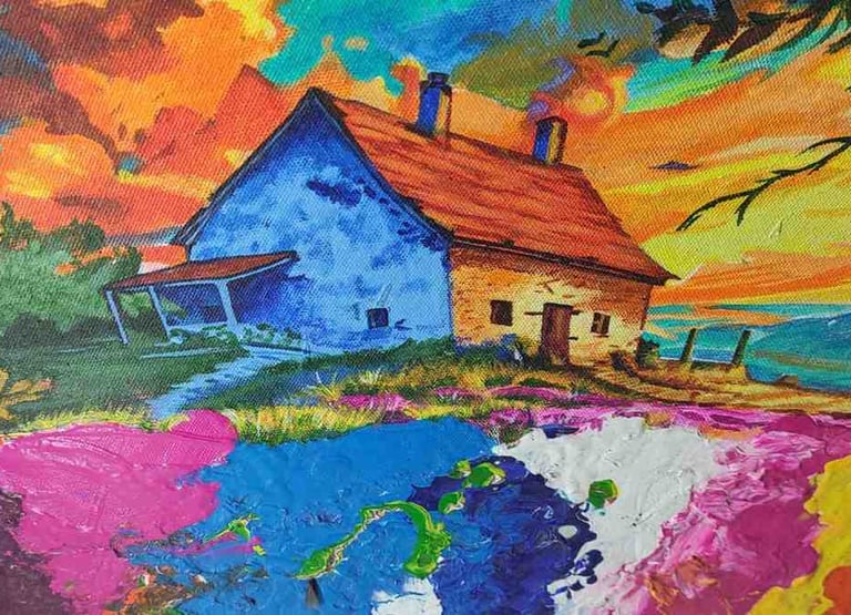 "Handmade circular painting of Earth with house, trees, and flying birds-Export-oriented"