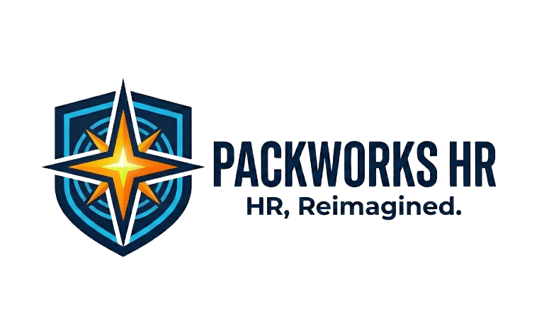 PackWorks HR primary logo — shield and compass star emblem with the text "PACKWORKS HR" and tagline "HR, Reimagined."