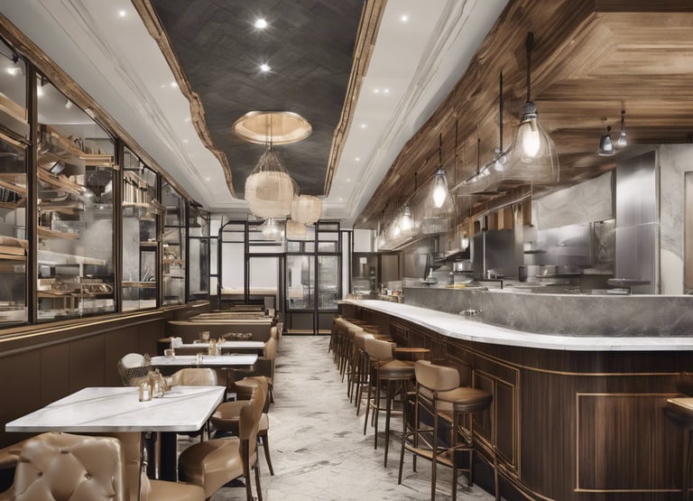 A restaurant with a marble bar and tables.