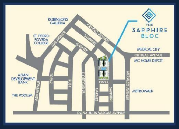 Location map of The Sapphire Bloc in Ortigas Center showing nearby landmarks and major roads.
