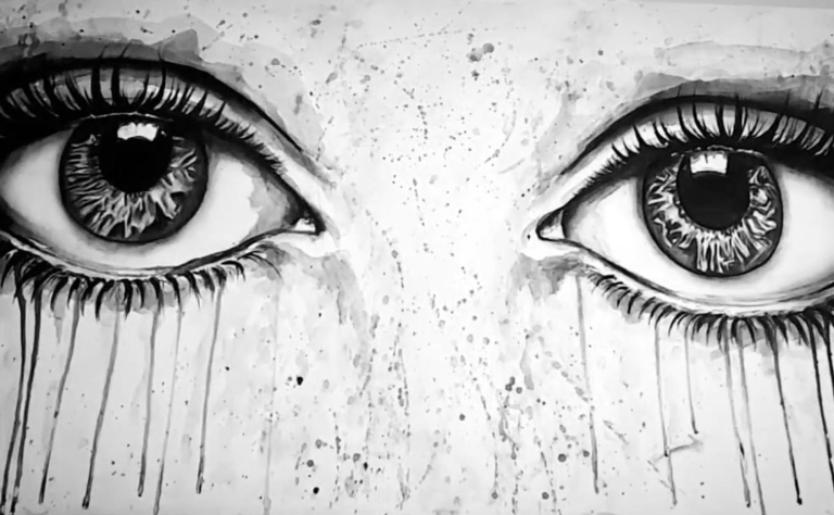 Black and white watercolor painting of expressive eyes with dripping ink and long lashes.