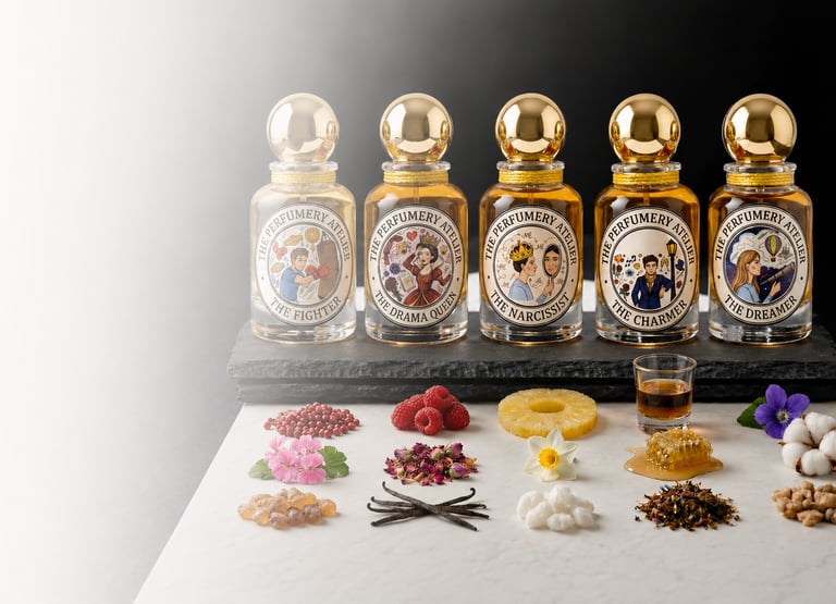 Luxury perfume bottles from The Perfumery Atelier displayed with raw fragrance ingredients like vanilla and honey.