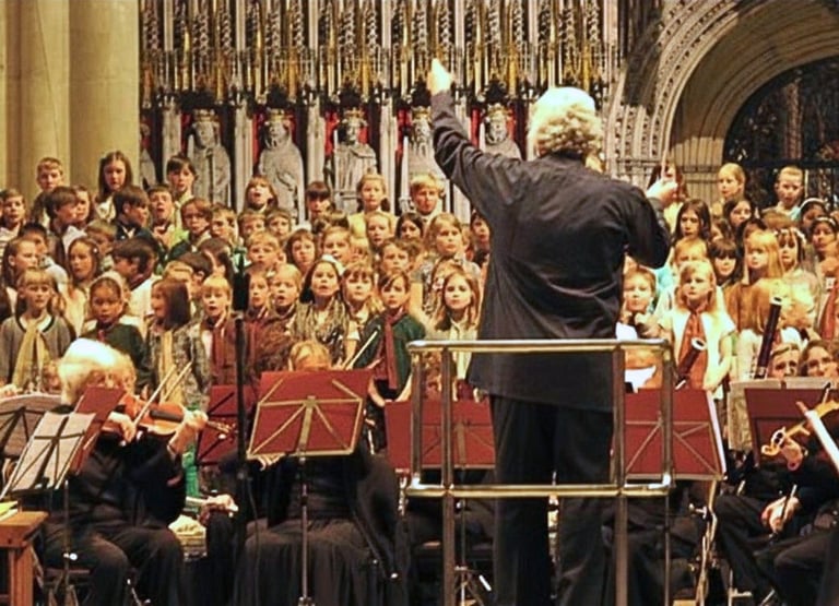 Conductor Simon Wright leads a children's choir and live orchestra during a concert at York Minster