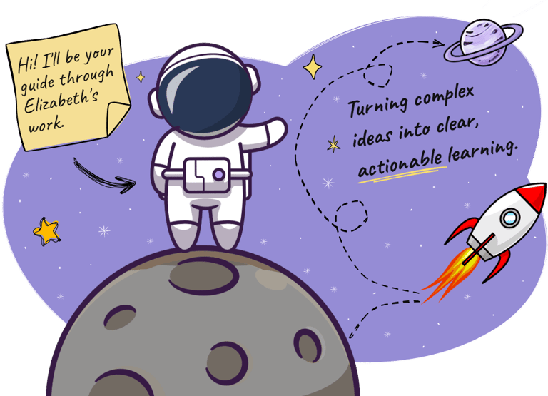 Cute astronaut on a moon. A message reads, "Turning complex ideas into clear, actionable learning."