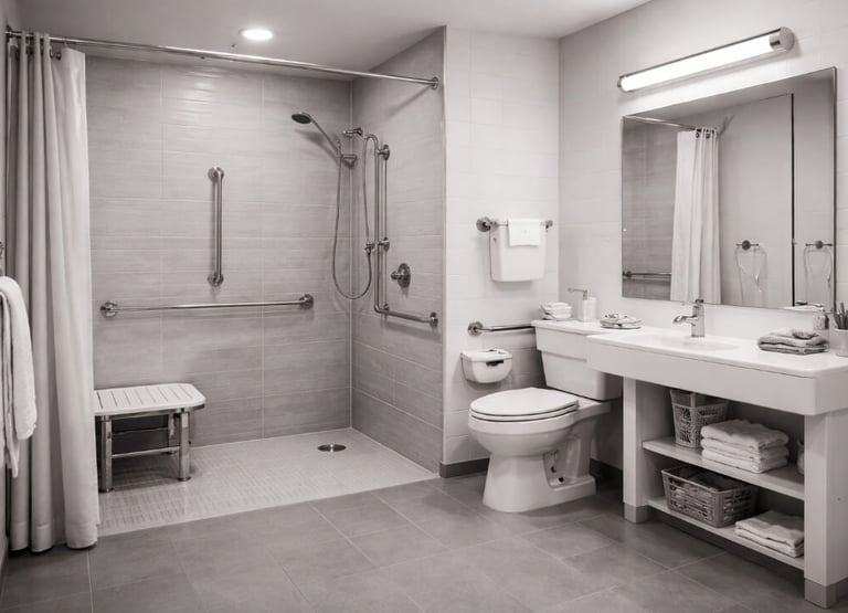 Accessible bathroom with roll-in shower and built-in bench seating.