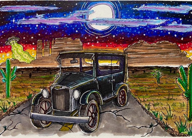 a marker drawing of an old chevy on route 66 with a full moon, monument valley, and a ufo