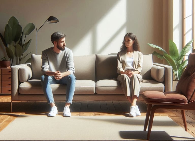 Ein paar sitzt auf einer Couch in einem Therapieraum