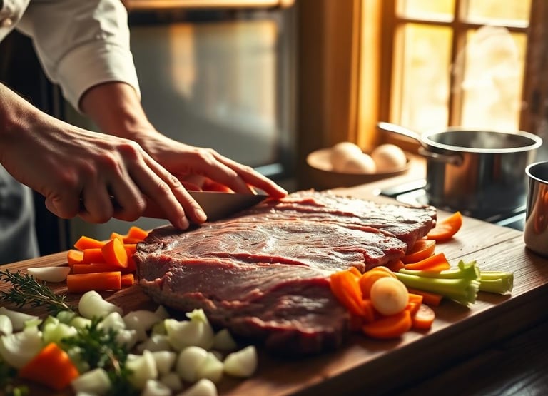 a person cutting up a brisket on a cutting board