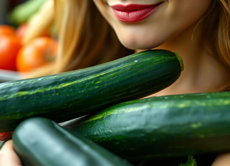 a woman holding a bunch of zucchini