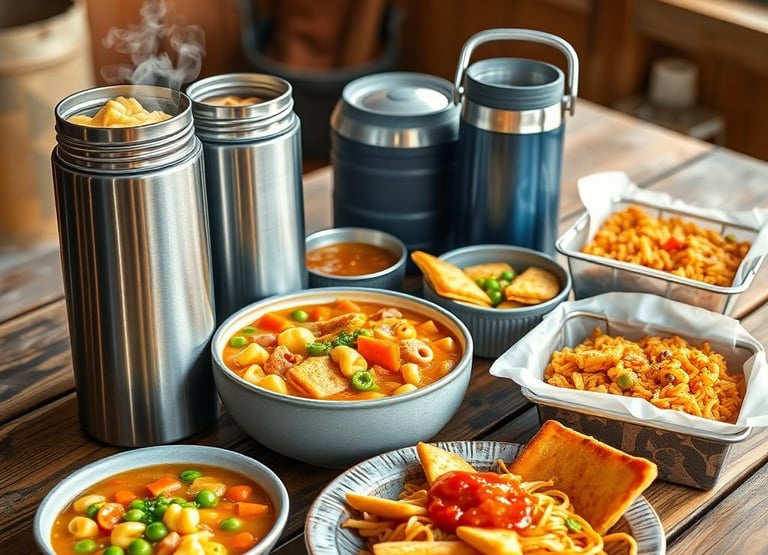 a table with bowls of food and containers of food