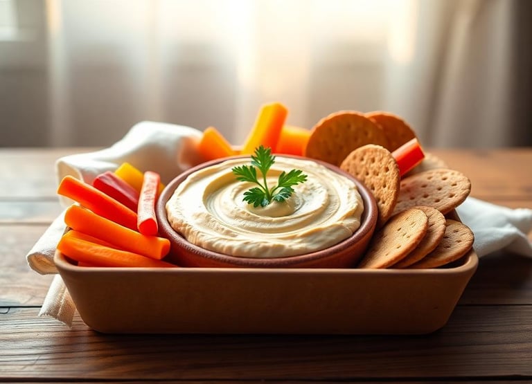 small Hummus and veggie snack lunch box: Hummus dip with bell peppers, baby carrots, and crackers.