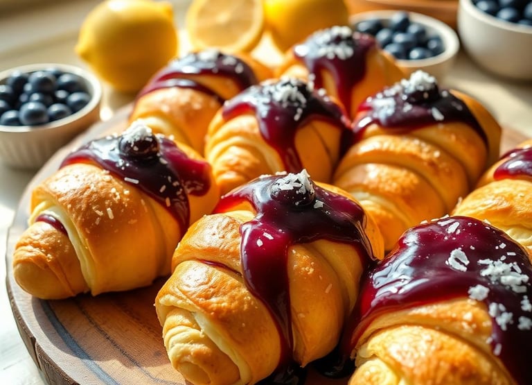 Lemon Cheesecake Crescent Rolls with a drizzle of bluberry topping and shredded coconut on top