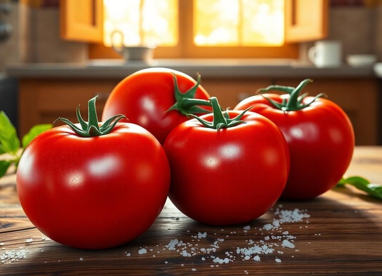 4 red ripe tomatoes on a wooden table