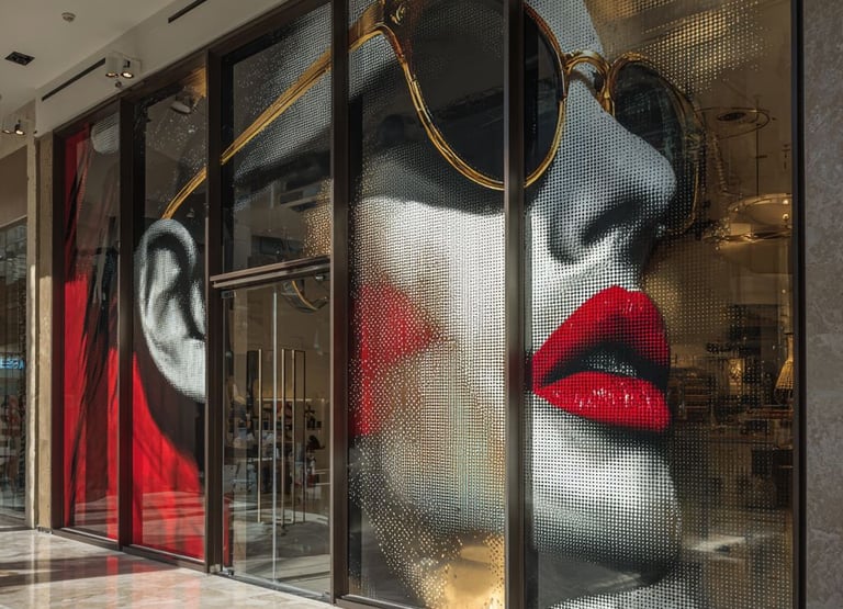 a woman's face in a window display