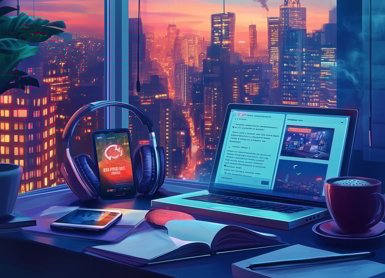 a laptop computer and a tablet sitting on a desk with a cell phone and headphones