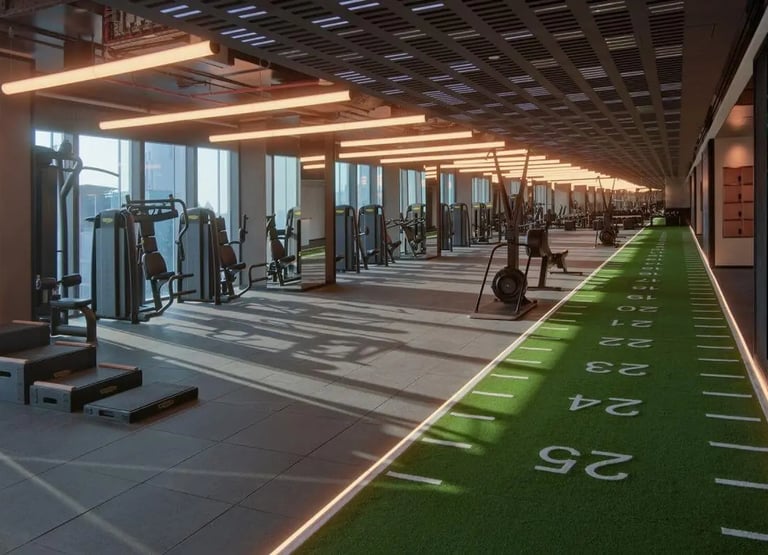 hotel gym design with cardio and free zone