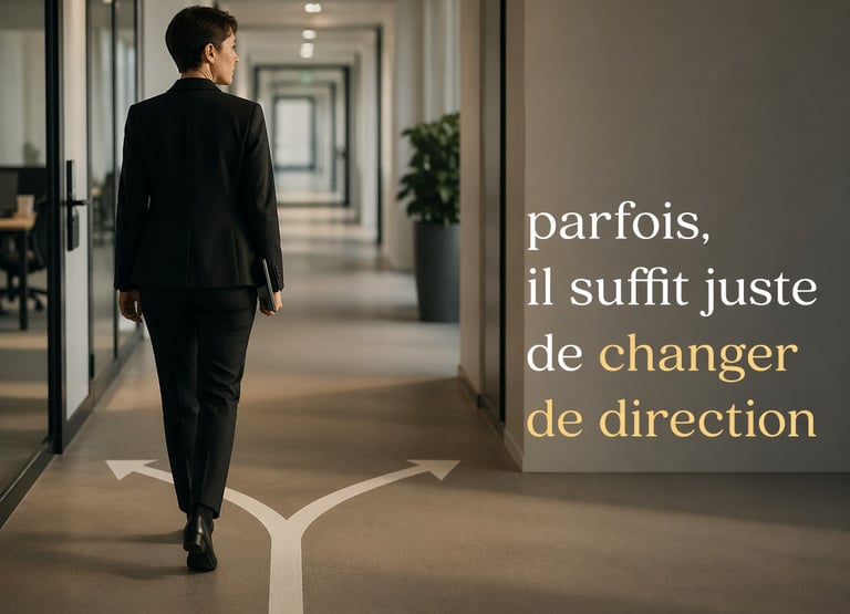 Une personne marche dans un couloir de bureaux. Des flèches indiquent 2 directions