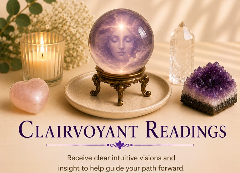 A clairvoyant reading crystal ball featuring a mystical face, surrounded by healing crystals and a candle.