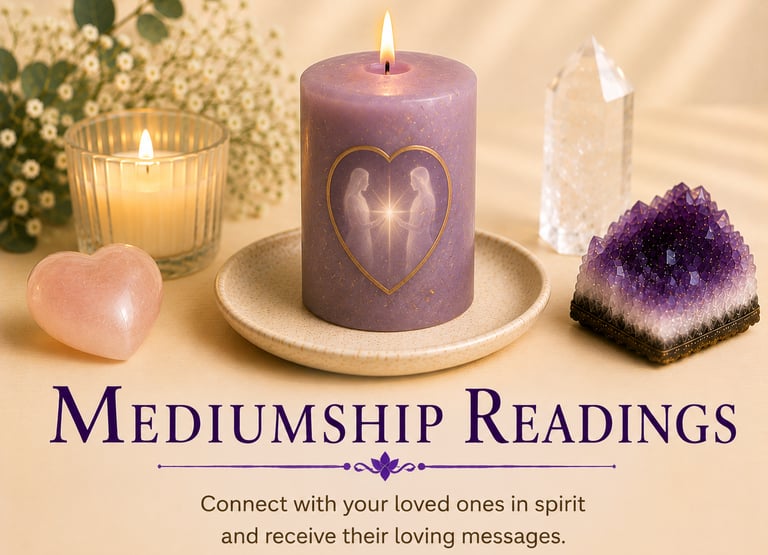 A lit purple candle for mediumship readings with amethyst and rose quartz crystals for spiritual connection.