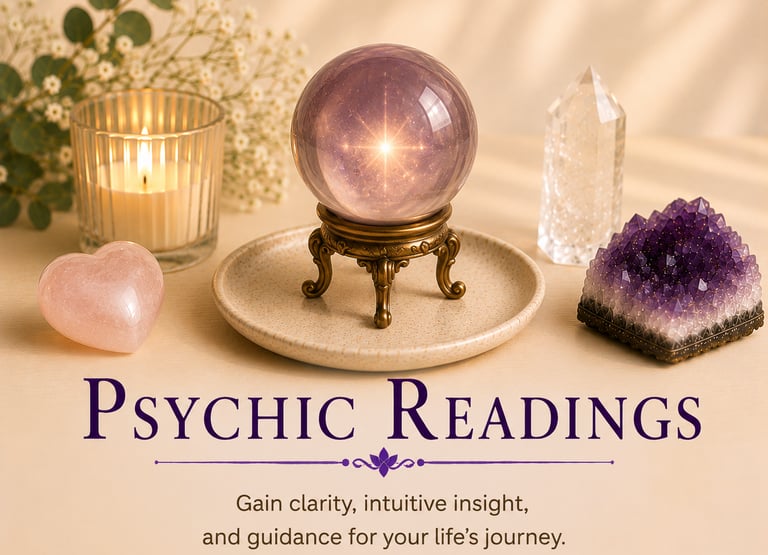 Psychic readings banner featuring a crystal ball, amethyst, and rose quartz for intuitive guidance.