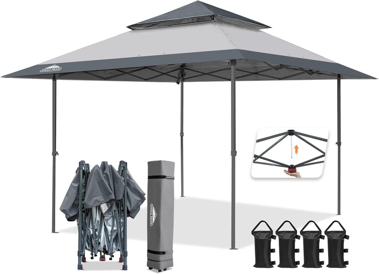 Eagle Peak gray 13x13 pop up canopy tent with vented roof, carry bag, and sandbags for outdoor shade.