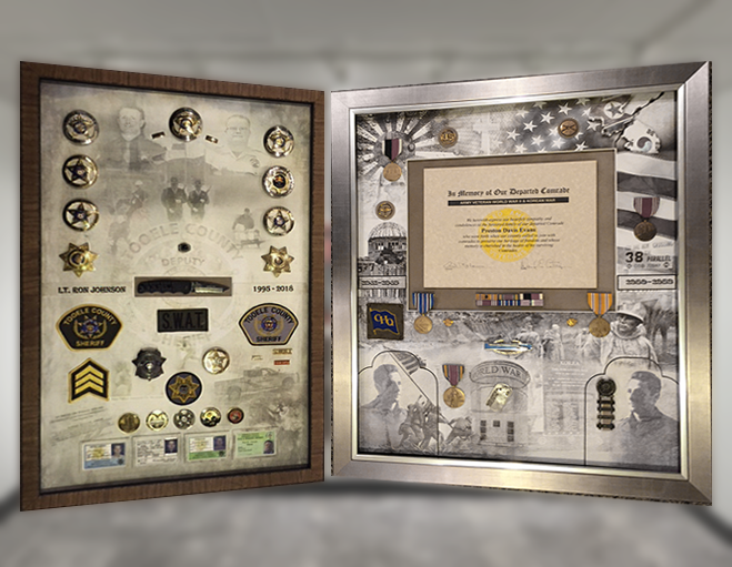 Two military and law enforcement shadow boxes displaying medals, badges, and memorial memorabilia.