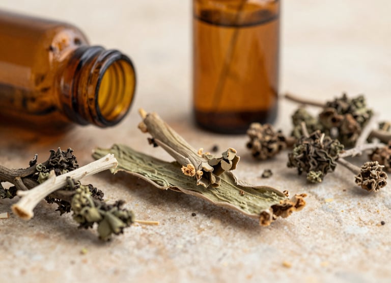 Macro close-up of raw herbal ingredients and clean amber glass supplement bottles on a warm textured stone surface, soft diffused natural daylight, editorial botanical photography style.
