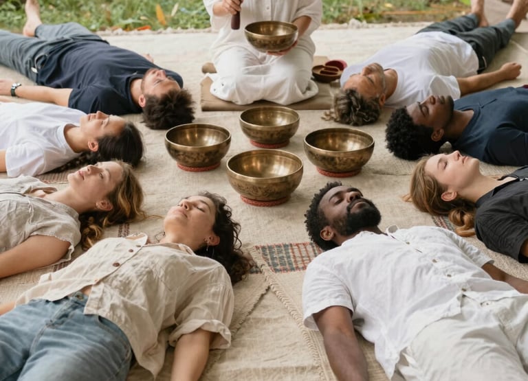 A serene room with crystal singing bowls arranged for a sound healing session.