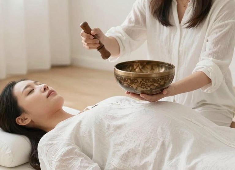 A serene room with crystal singing bowls arranged for a sound healing session.