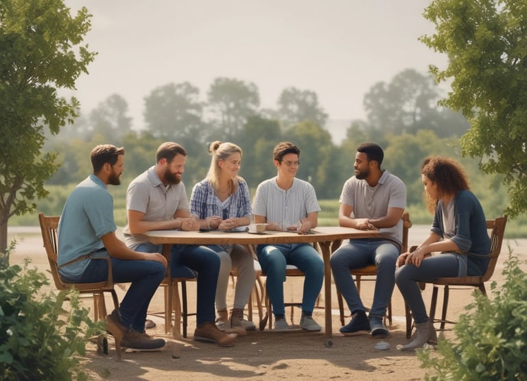 A group of friends sharing smiles and stories around a wooden table in a bright studio.