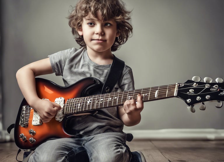 a young boy playing guitar in a studio