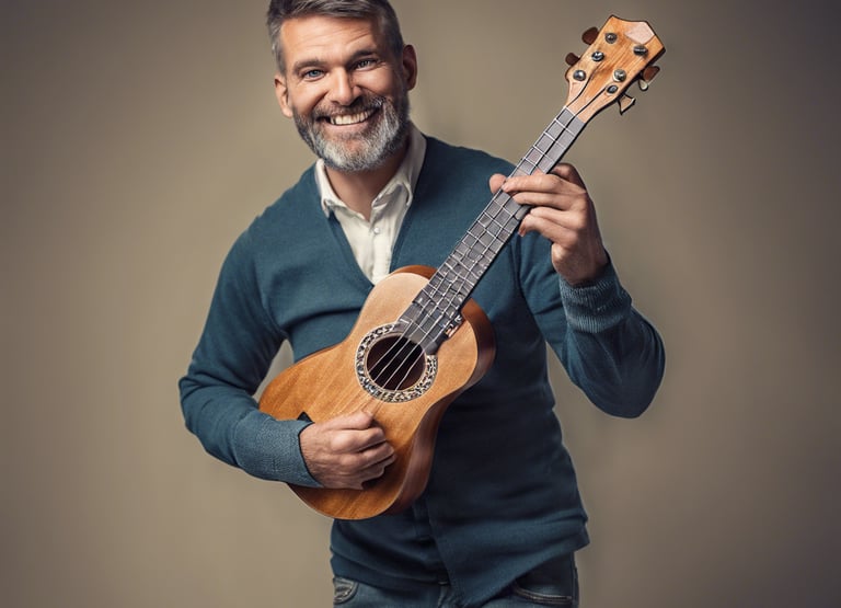 a man smiling while playing ukulele