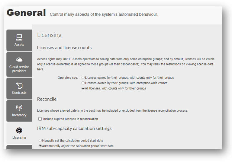 The three options for licenses consumption management in user roles.