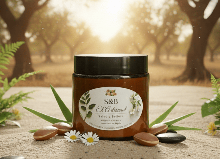 S&B El Artesanal organic skincare cream jar with argan nuts, aloe vera, and daisies in a sunny field.