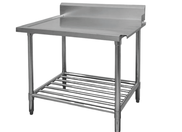 Stainless steel pass-through dishwasher inlet and outlet benches with a pipe undershelf.