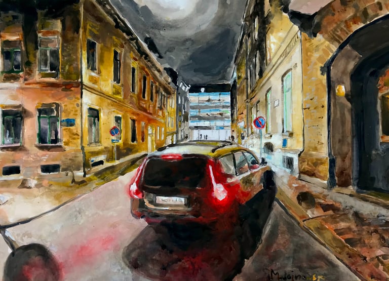 a painting of a car parked on a street