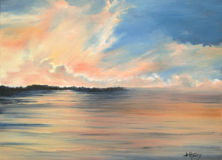 an oil painting of a vibrant sunset over a body of water