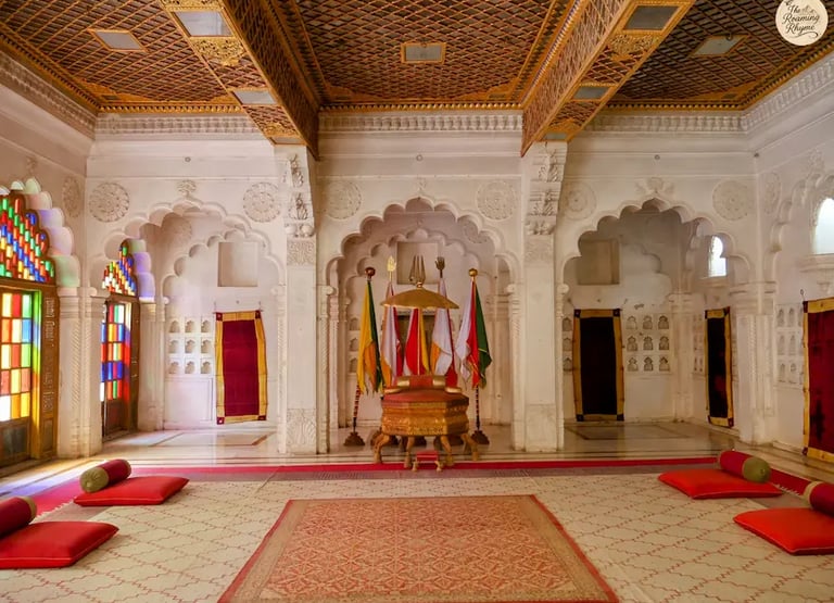 Moti Mahal inside Mehrangarh Fort Jodhpur, grand hall used for royal meetings and coronations, decorated with stained glass.