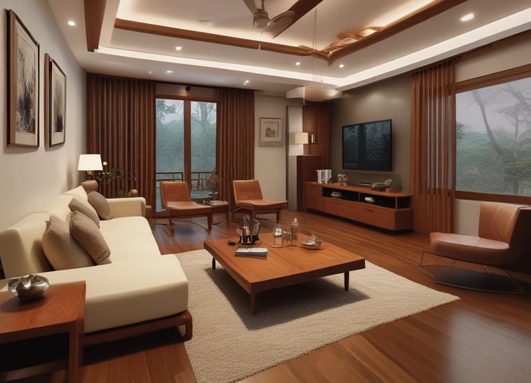 A collection of solid wood products including planks and furniture pieces.