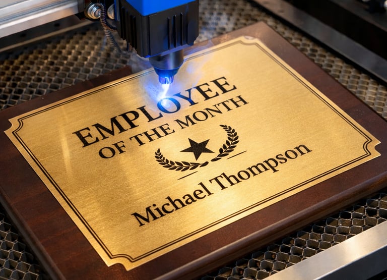 A laser machine engraving an employee of the month plaque